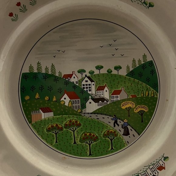 Vintage Newcor Stoneware Country Village 12" Round Platter Serving Plate - Picture 5 of 8